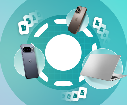 A Google Pixel phone, an iPhone, and a laptop arranged in a circle around the LocalSend logo, with document icons floating between them on a teal background.