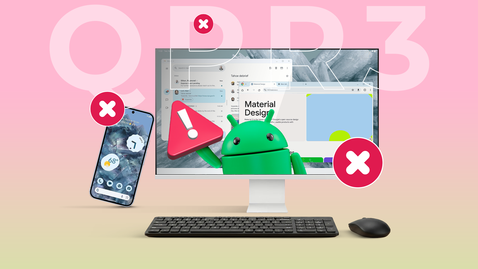 Android mascot holding a warning sign next to a phone connected to a monitor in desktop mode.
