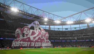 LONDON, ENGLAND - APRIL 15: Arsenal unveils a huge banner behind the goal prior to the the UEFA Champions League 2025/26 Quarter-Final Second Leg m...