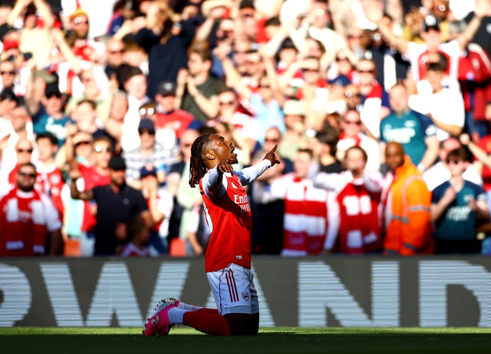 Eberechi Eze of Arsenal celebrates scoring his team's first goal during the Premier League match between Arsenal and Newcastle United at Emirates Stadium on April 25, 2026 in London, England. (Photo by Mark Thompson/Getty Images)