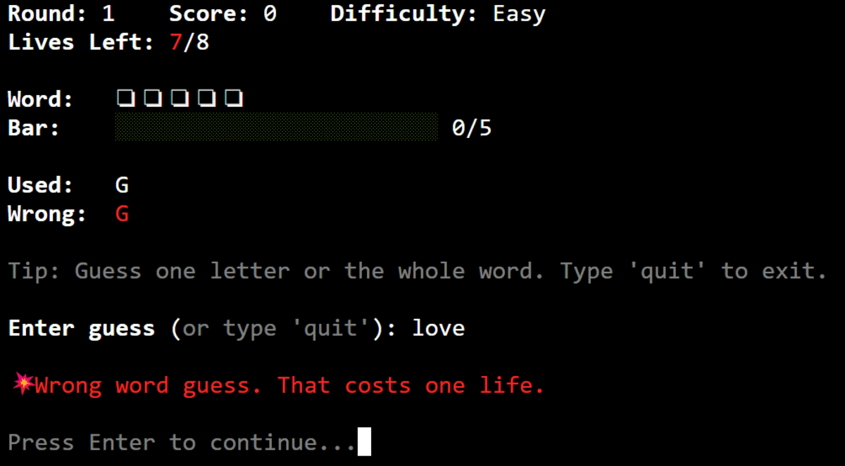 Final working Python game in terminal