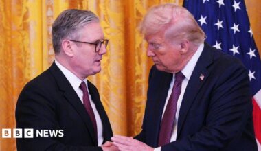 UK Prime Minister Keir Starmer and US President Donald Trump shake hands at a joint press conference in the East Room at the White House in February 2025