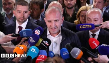 Rumen Radev, former Bulgarian president and leader of Progressive Bulgaria coalition, speaks to the media after the first exit polls at the parliamentary election.
