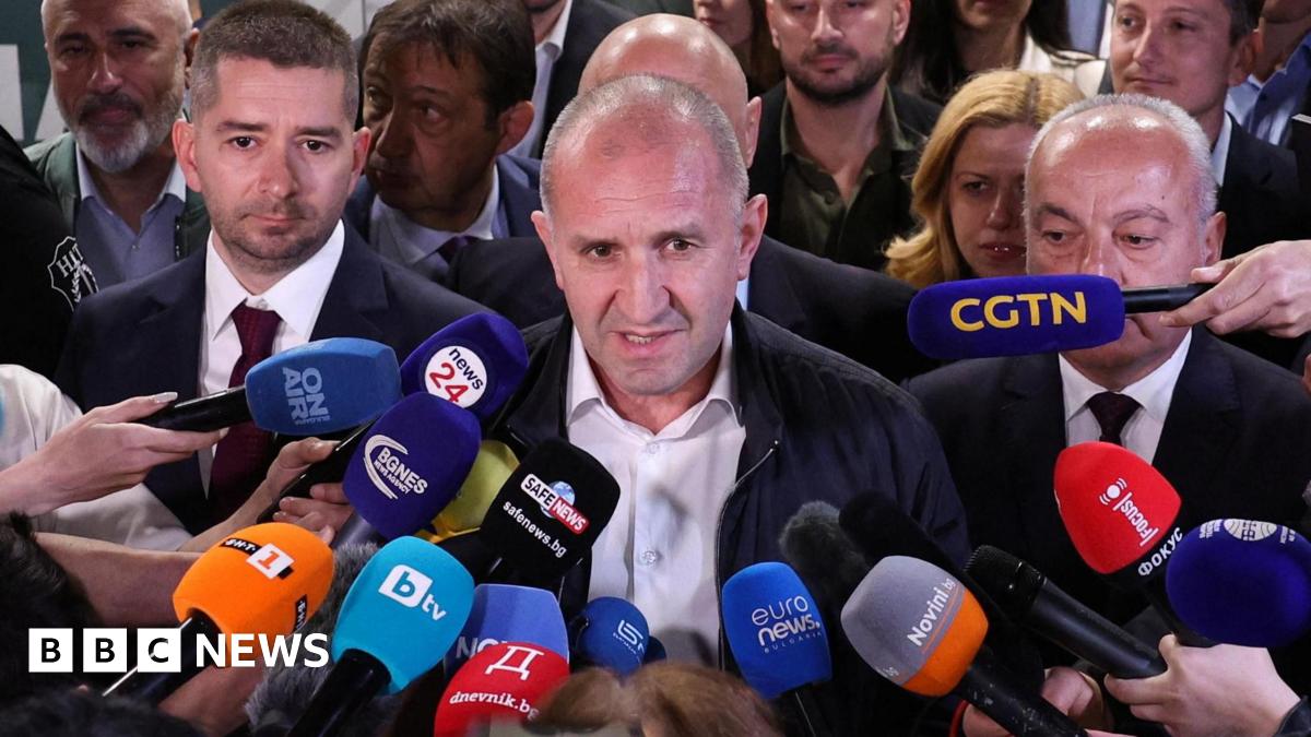 Rumen Radev, former Bulgarian president and leader of Progressive Bulgaria coalition, speaks to the media after the first exit polls at the parliamentary election.