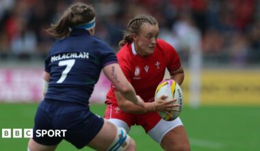 Lleucu George in action for Wales against Scotland at the 2025 Rugby World Cup