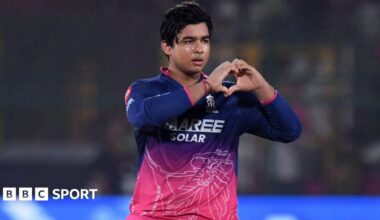 Rajasthan Royals' Vaibhav Sooryavanshi celebrates after reaching his century