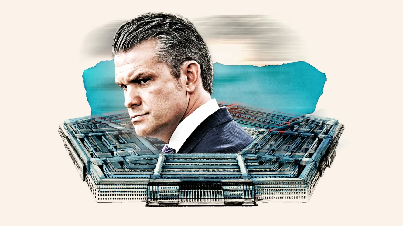 Illustration of a man's head superimposed over the Pentagon building.