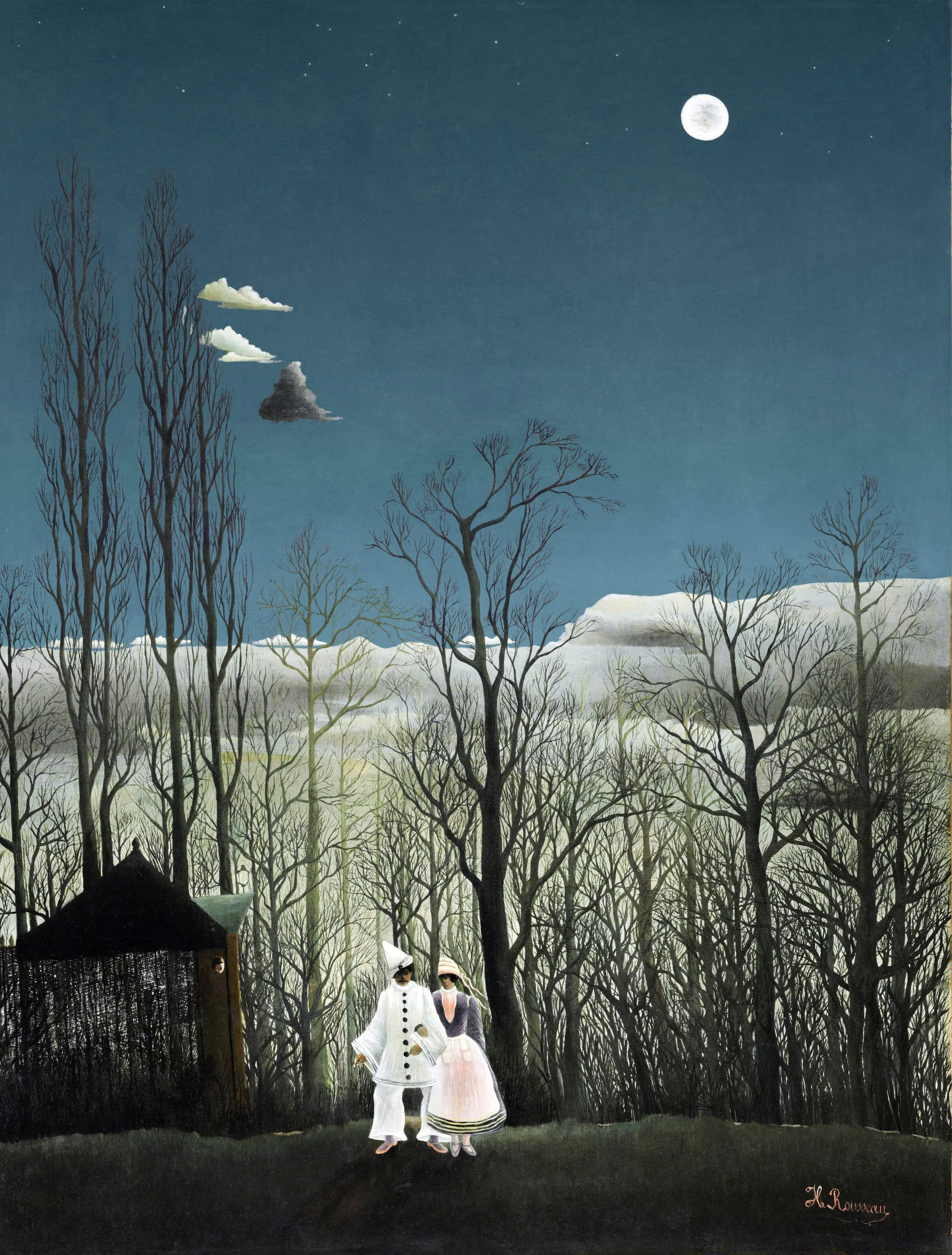 Illustration of a harlequin and a woman in a forest at night.