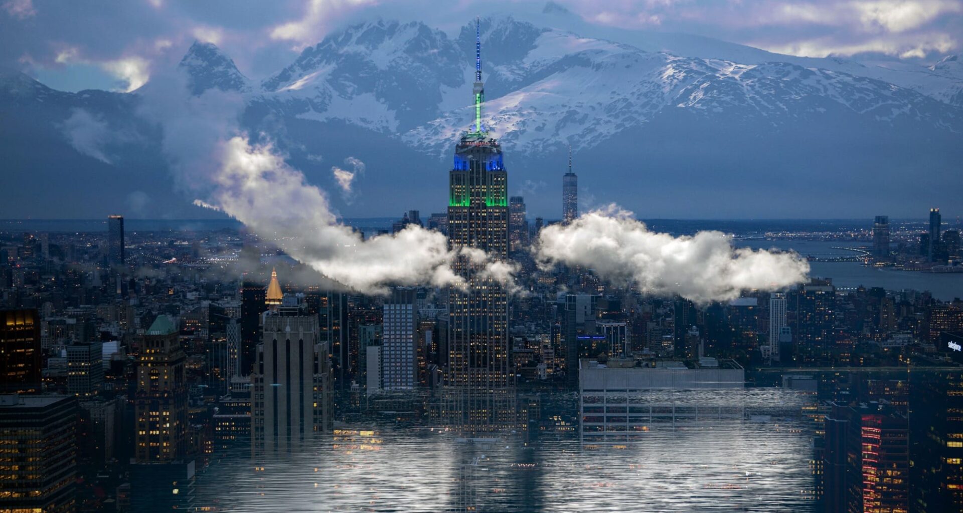 two photographs digitally superimposed, like a double-exposure, depicting the Manhattan skyline with clouds and snow-capped mountains in the background