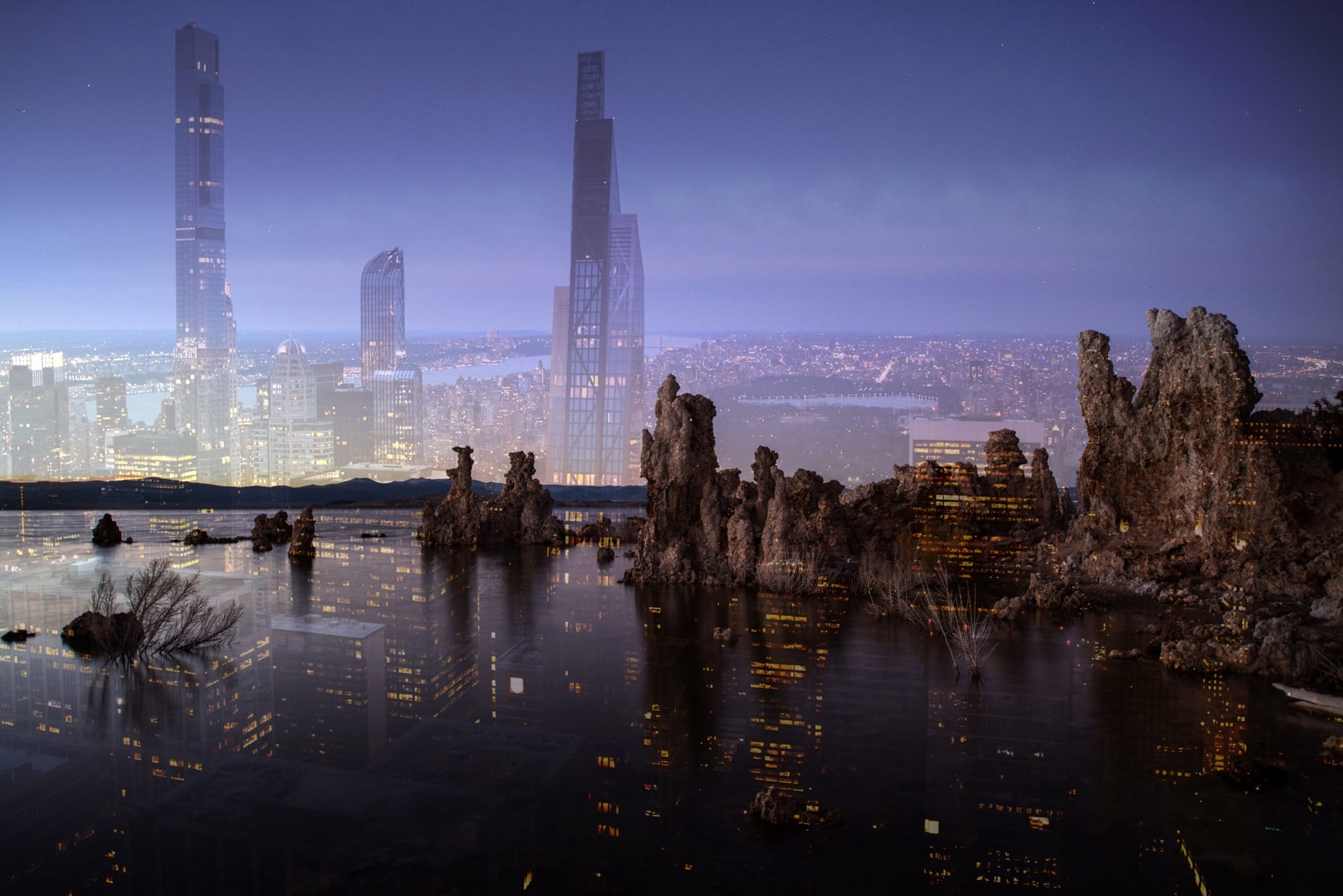 two photographs digitally superimposed, like a double-exposure, depicting a desert lake and a cityscape
