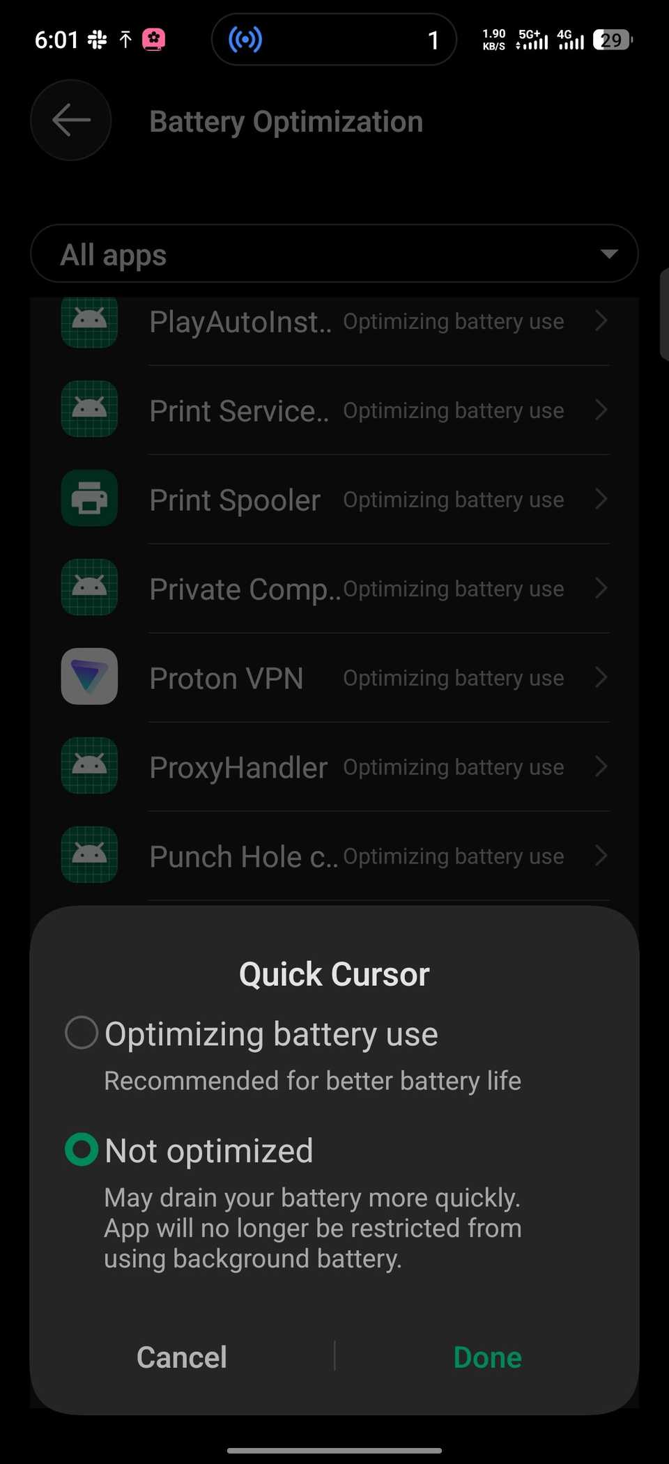 Battery Optimisation menu on Android showing pop up options for Quick Cursor app