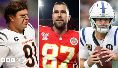 A split picture of Trey Hendrickson, Travis Kelce and Daniel Jones