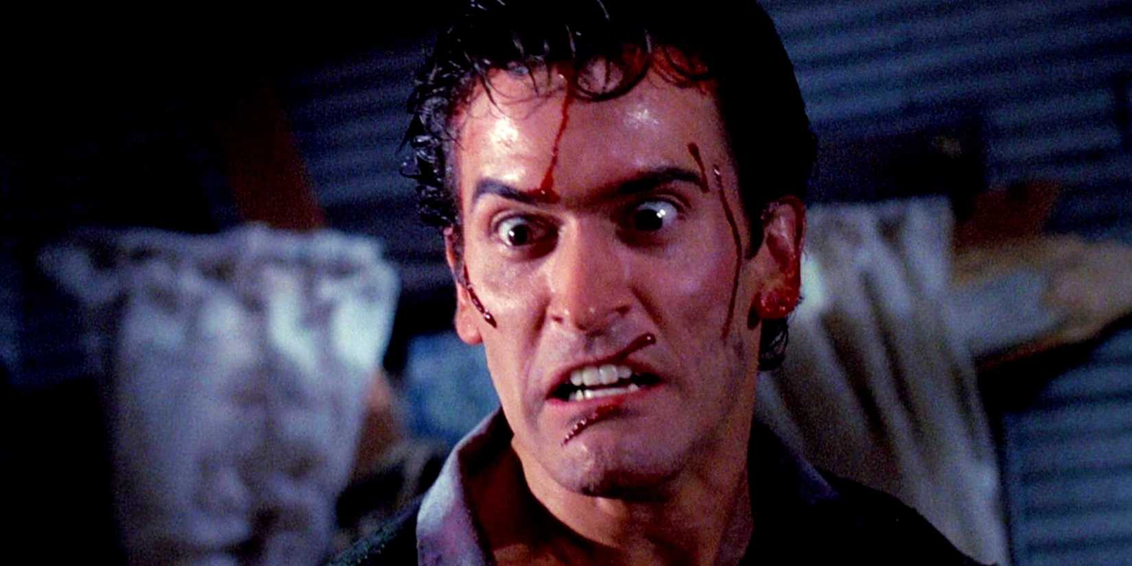 Bruce Campbell as Ash with blood running through in Evil Dead II