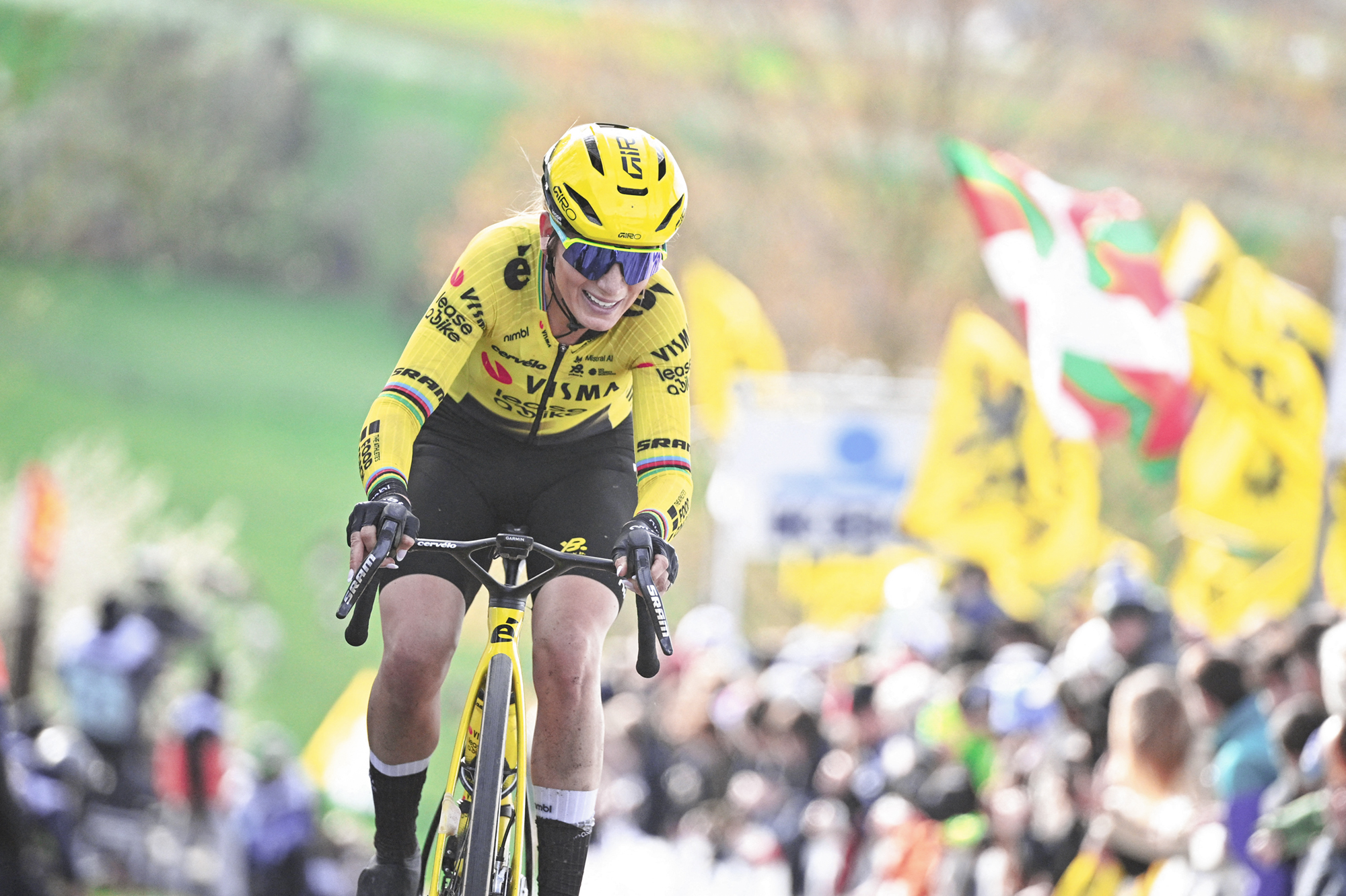 Pauline Ferrand-Pr&eacute;vot (Visma-Lease a Bike) racing solo at the 2026 Tour of Flanders, where she finished second