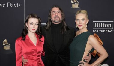 Violet Grohl, Dave Grohl, and Jordyn Grohl attend the Pre-GRAMMY Gala on January 31, 2026