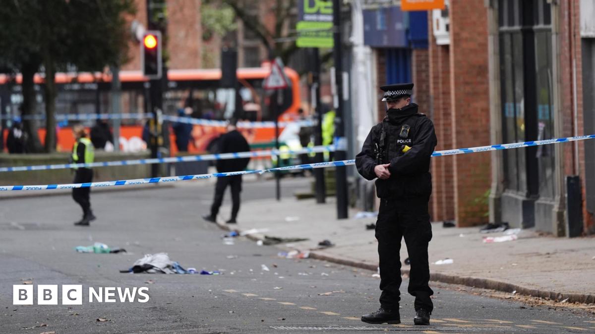 Shoes and blankets at the scene in Friar Gate, Derby, where a number of people had been injured, some of them seriously, but not life-threatening, after being hit by a car in the city centre on Saturday night.