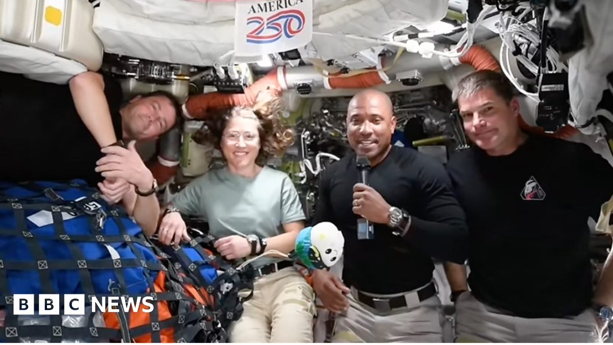 (From left) Jeremy Hansen, Reid Wiseman, Christina Koch and Victor Glover conduct a live broadcast from space