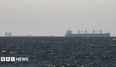 A cargo ship is seen on the horizon in the Gulf, near the Strait of Hormuz