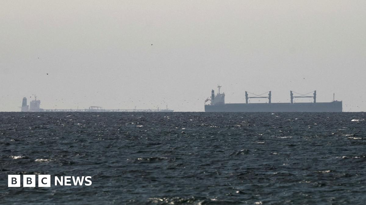 A cargo ship is seen on the horizon in the Gulf, near the Strait of Hormuz