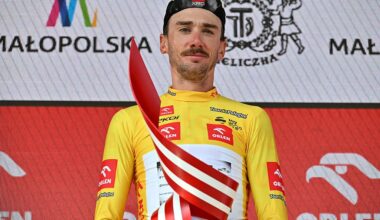 WIELICZKA, POLAND - AUGUST 10: Brandon McNulty of The United States and UAE Team Emirates - XRG celebrates at podium as Yellow Leader Jersey and final overall race winner during the 82nd Tour de Pologne 2025, Stage 7 a 12.5km individual time trial stage from Wieliczka to Wieliczka / #UCIWT / on August 10, 2025 in Wieliczka, Poland. (Photo by Luc Claessen/Getty Images)