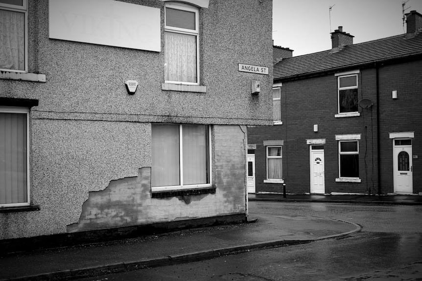 A corner block on a street.