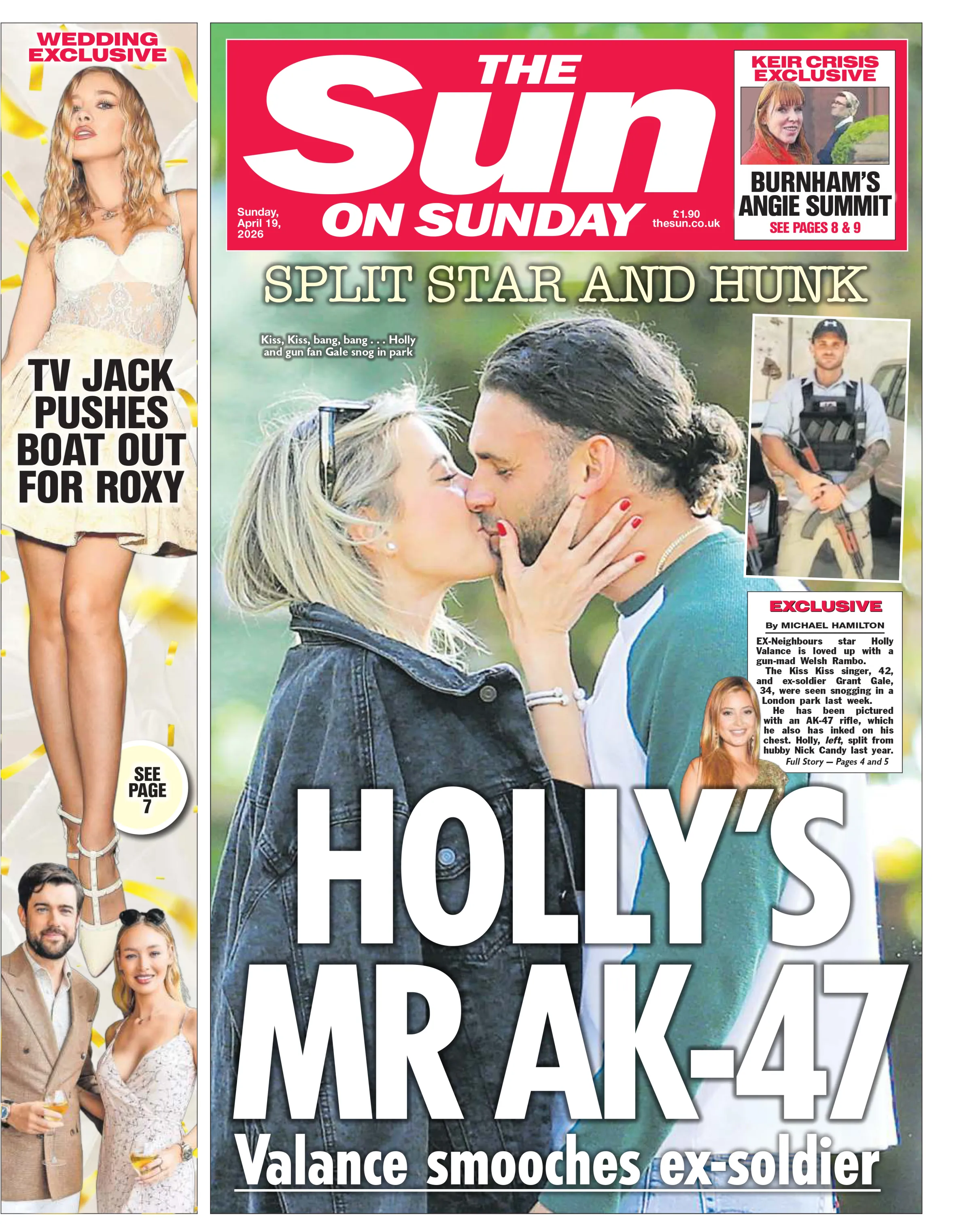 The Sun on Sunday newspaper cover with headlines about Holly Valance and other celebrities.