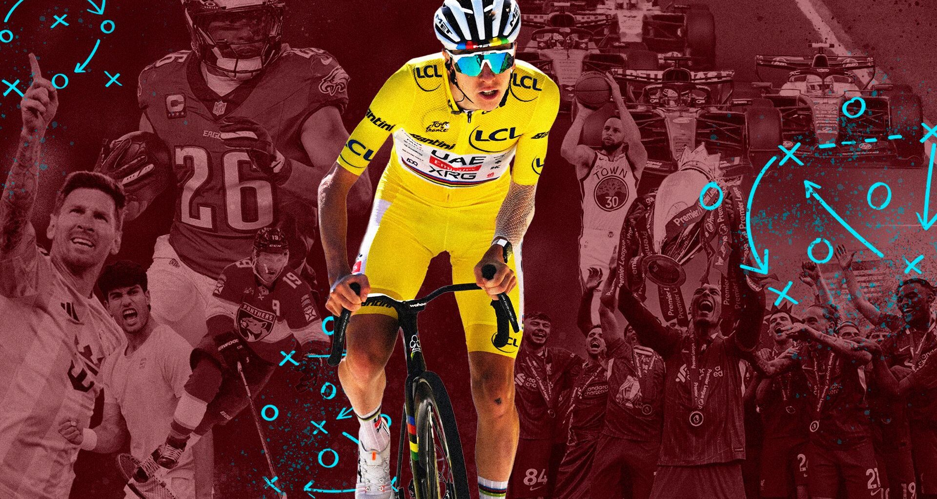 Tadej Pogačar surrounded by athletes from various other sports