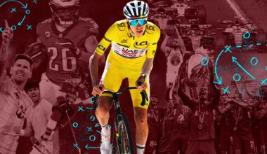 Tadej Pogačar surrounded by athletes from various other sports