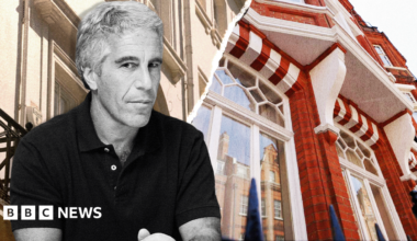 A composite image with a monochrome image of Jeffrey Epstein on the left-hand side, wearing a dark polo shirt and looking sidelong at the camera, while behind him are images of two London flats, one showing the facade of a red-brick Edwardian mansion flat and the other showing the windows of white stucco building.