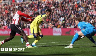 Brian Brobbey pushes Cristian Romero into Spurs team-mate Antonin Kinsky during the Premier League match between Sunderland and Tottenham Hotspur