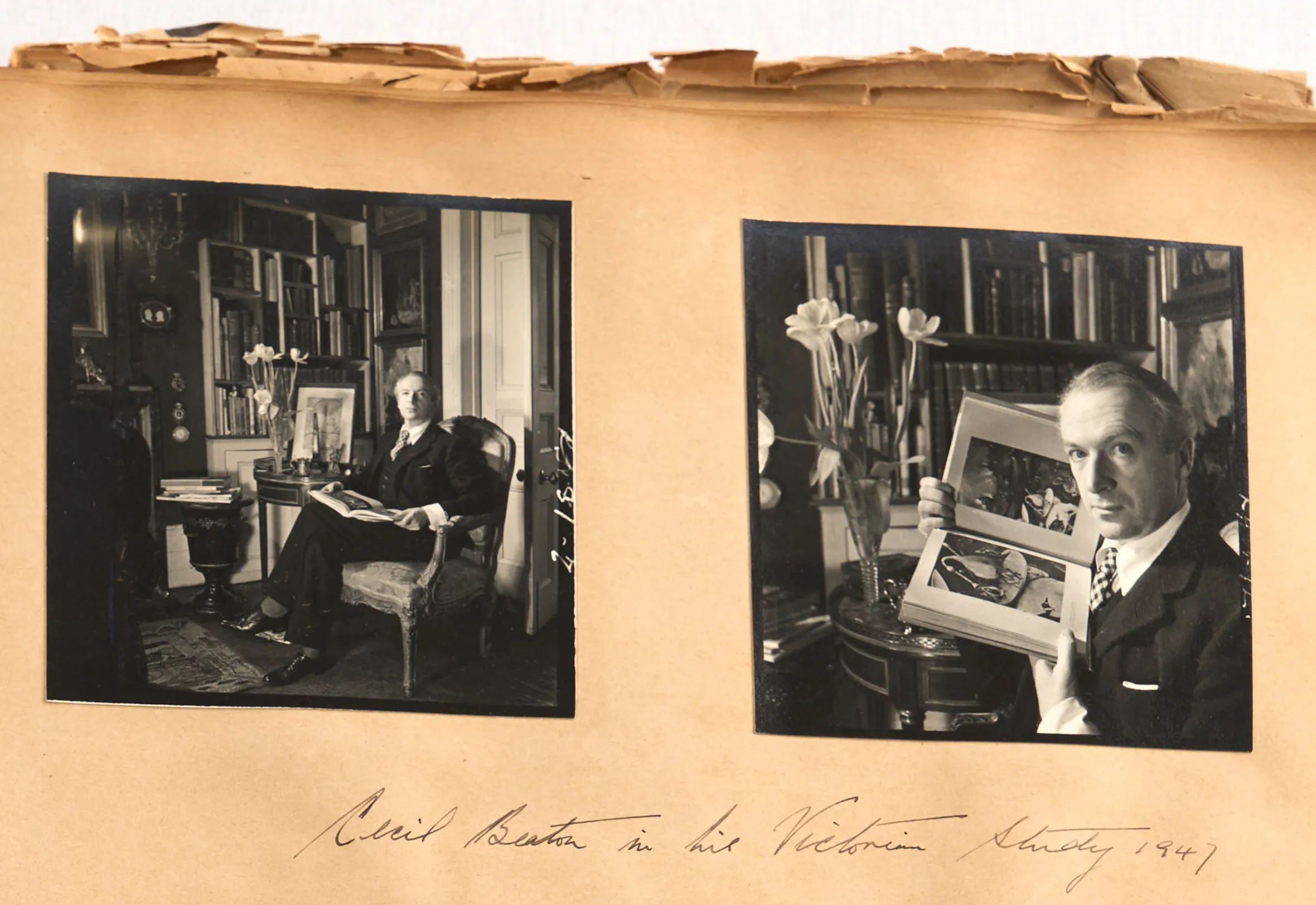 A scrapbook page showing 9 black and white photographs of Henry Moore and Cecil Beaton.