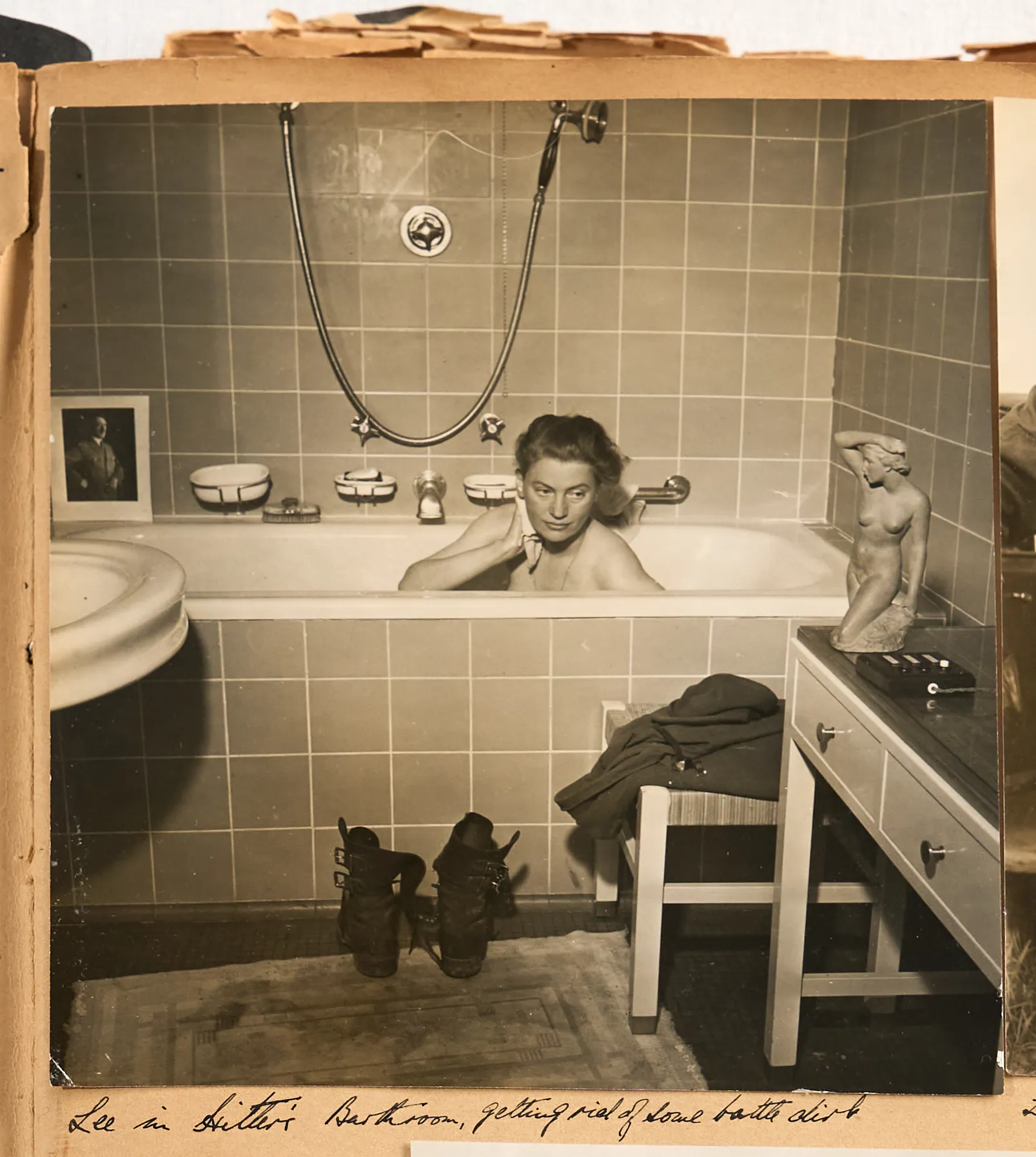 An open scrapbook containing several black and white photographs and handwritten notes from the "Miller – Beaton scrapbook" spanning 1943-1949.