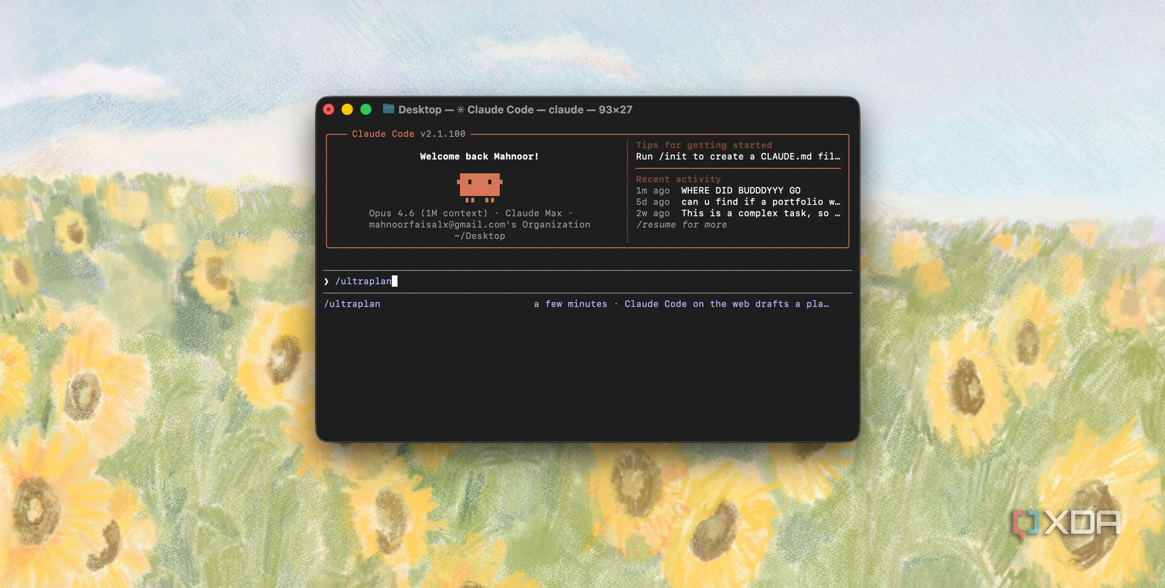 claude code terminal window displaying welcome message with pixel art on mac desktop with sunflower background