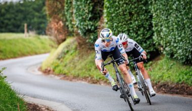 WAREGEM, BELGIUM - APRIL 1: Marlen Reusser of Movistar Team of Switzerland, Demi Vollering of FDJ United - SUEZ of Netherlands during the match between Dwars door Vlaanderen 2026 v Women's Elite at the Waregem on April 1, 2026 in Waregem Belgium (Photo by Pim Waslander/Soccrates/Getty Images)