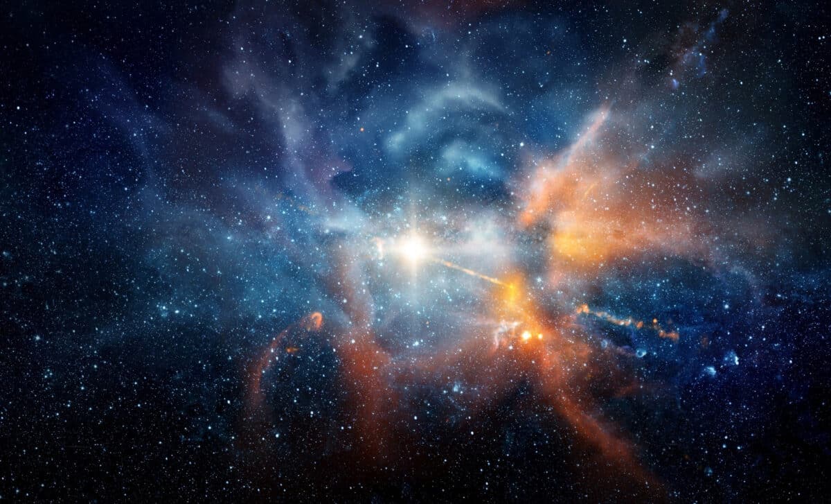 Colorful Cosmic Nebula With A Bright Star Core And Dense Clouds Of Interstellar Gas And Dust In Deep Space.