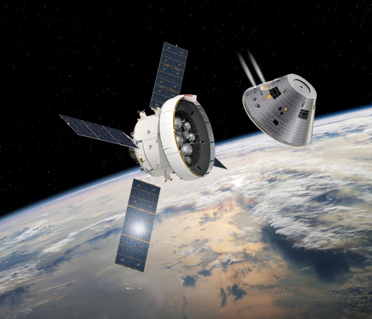 Artist impression of Artemis II when the crew and service modules separate superimposed over view of surface of the earth.