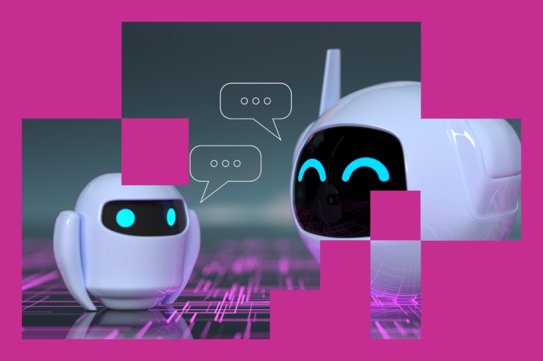 Two bots talking to each other, concept with bots and speech bubbles on a data grid.