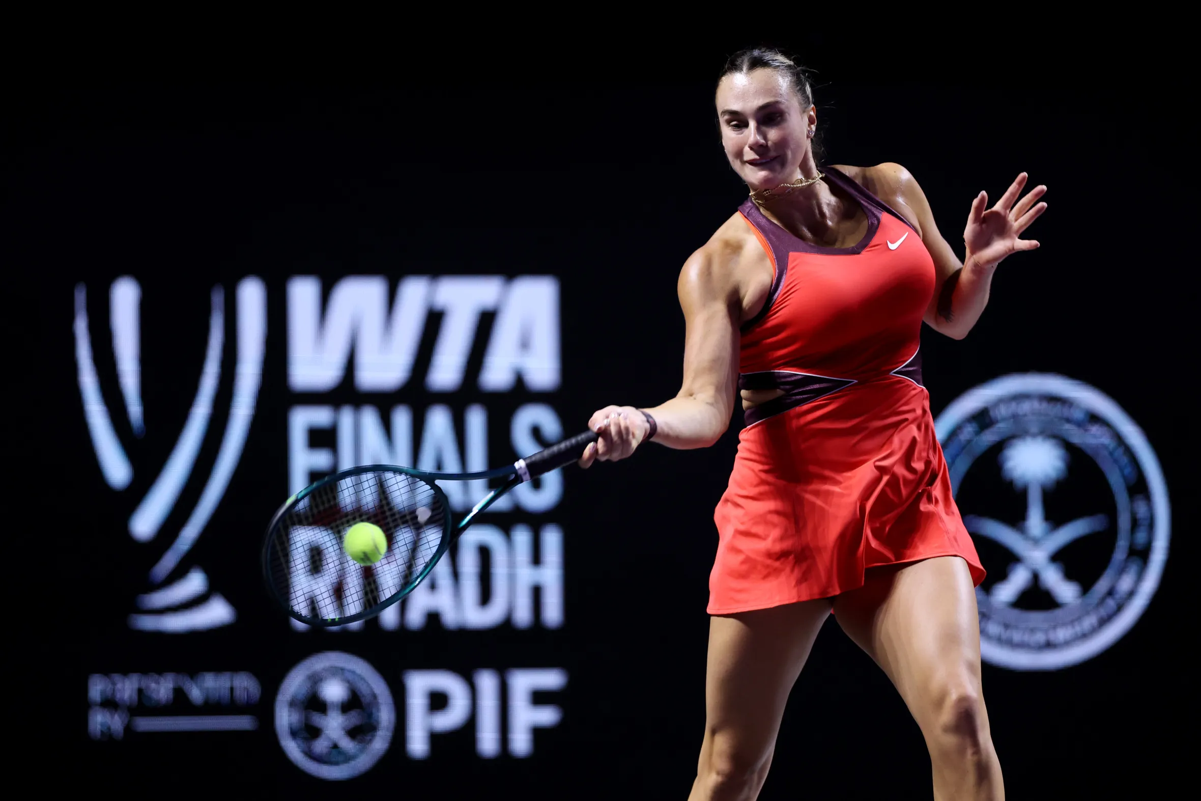 Aryna Sabalenka hits a forehand during her singles semi-final match.
