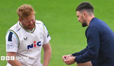 Yorkshire's Jonny Bairstow receives treatment for an injury