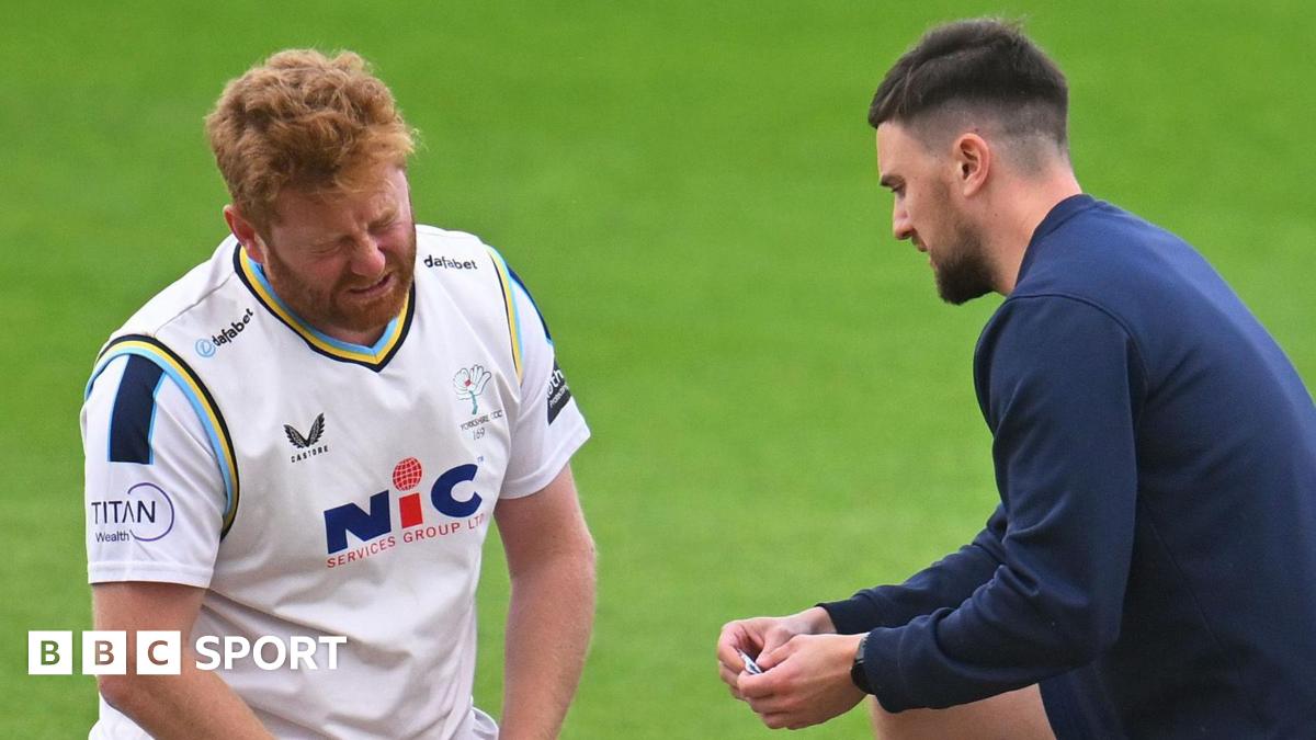Yorkshire's Jonny Bairstow receives treatment for an injury