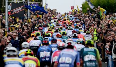 OUDENAARDE, BELGIUM - MARCH 31: A general view of the peloton climbing to the Berendries hill while fans cheer during the 108th Ronde van Vlaanderen - Tour des Flandres 2024 - Men&amp;apos;s Elite a 270.8km one day race from Antwerpen to Oudenaarde / #UCIWT / on March 31, 2024 in Oudenaarde, Belgium. (Photo by Dario Belingheri/Getty Images)
