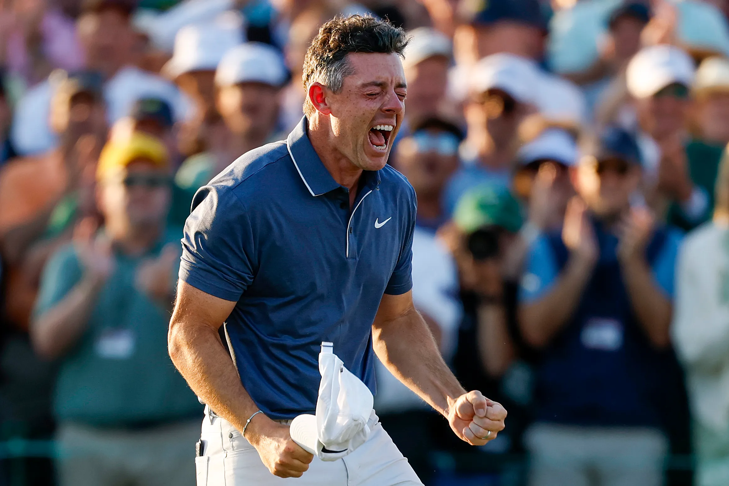 Rory McIlroy celebrates winning the 2025 Masters Tournament.