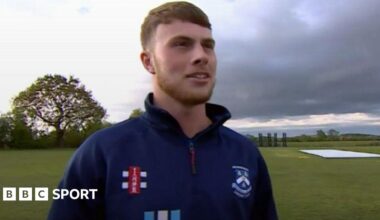 Penkridge fast bowler Myles Davis is in his club training kit standing on a cricket field