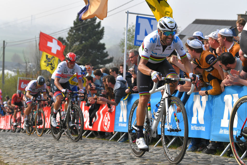 OUDENAARDE, BELGIUM - APRIL 07: Alejandro Valverde Belmonte of Spain and Movistar Team / Paterberg / Cobblestones / Fans / Public / during the 103rd Tour of Flanders 2019 - Ronde van Vlaanderen a 270,1km race from Antwerp to Oudenaarde / @RondeVlaanderen / @FlandersClassic / #RVV19 / on April 07, 2019 in Oudenaarde, Belgium. (Photo by Tim de Waele/Getty Images)
