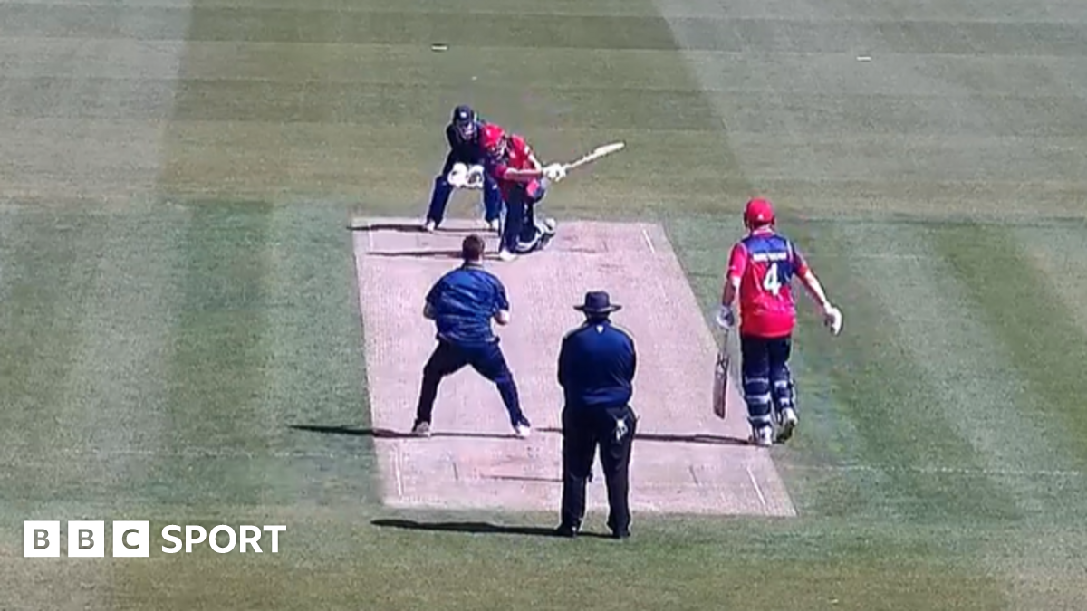 A screengrab of the Jersey vs Marylebone Cricket Club match. Charlie Brennan strikes the ball for Jersey.