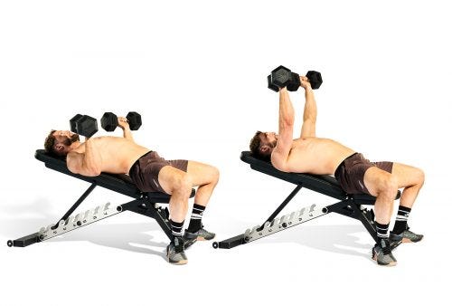demonstration of a dumbbell chest press exercise on a bench demonstration of a dumbbell chest press exercise on a bench