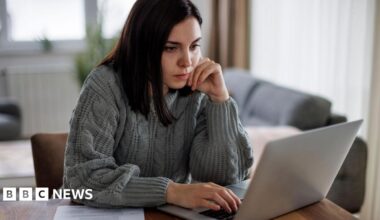 Woman with long dark hair and wearing a grey jumper sits at a desk looking at a laptop computer