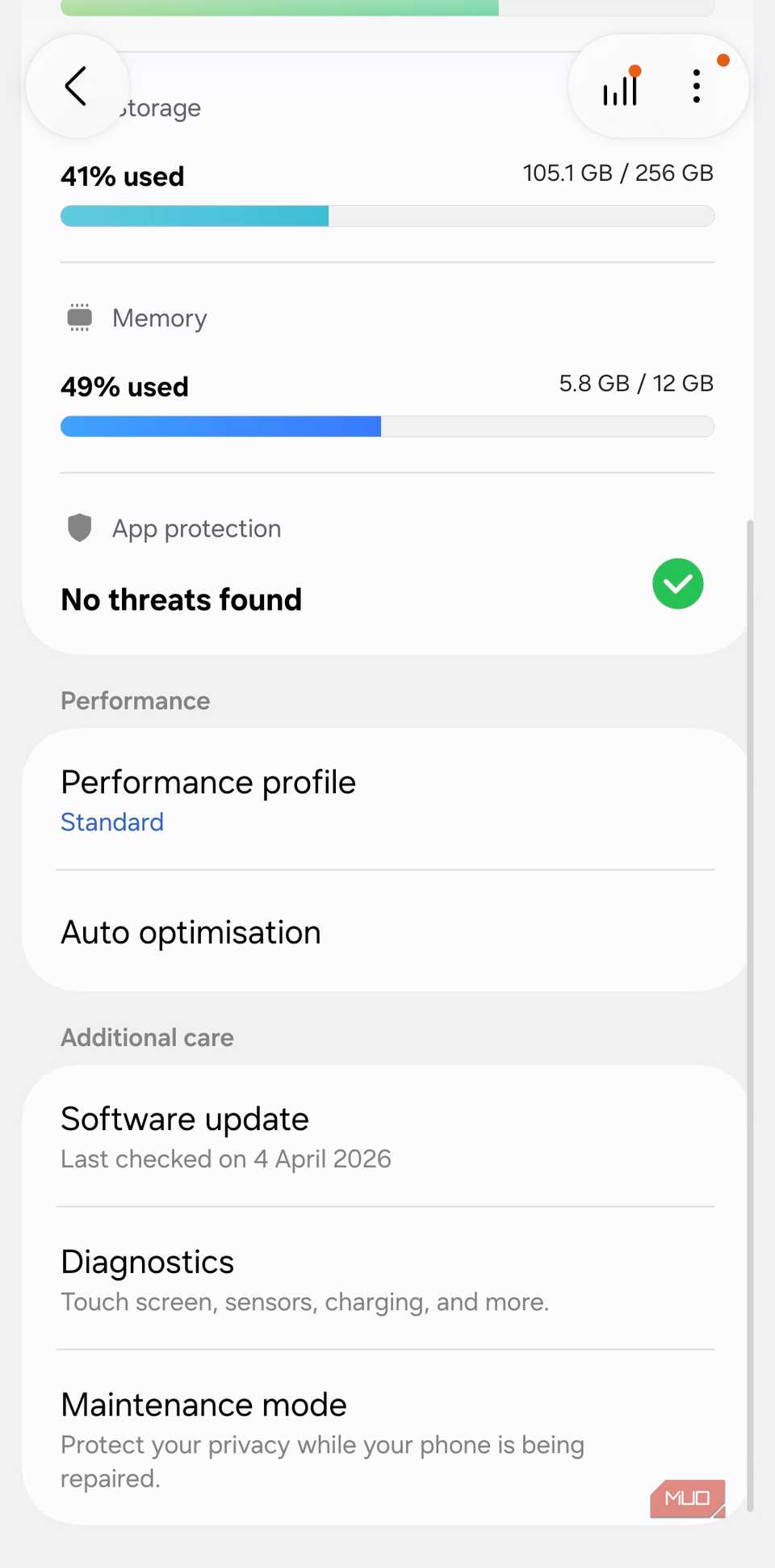 Device care menu on Samsung phone