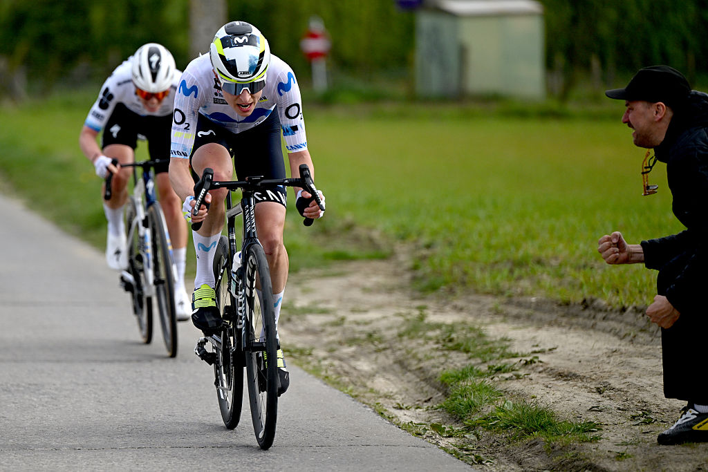 WAREGEM, BELGIUM - APRIL 01: Marlen Reusser of Switzerland and Team Movistar attacks during the 14th Dwars door Vlaanderen 2026 - Women's Elite a 128.8km one day race from Waregem to Waregem / #UCIWWT / on April 01, 2026 in Waregem, Belgium. (Photo by Luc Claessen/Getty Images)