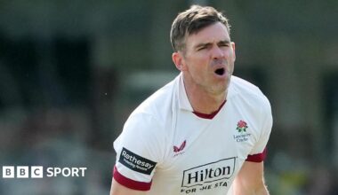 James Anderson after bowling a ball for Lancashire